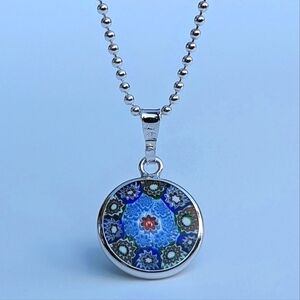 Italian Artisan Handcrafted Murano Millefiori Glass Pendant • Blue • White